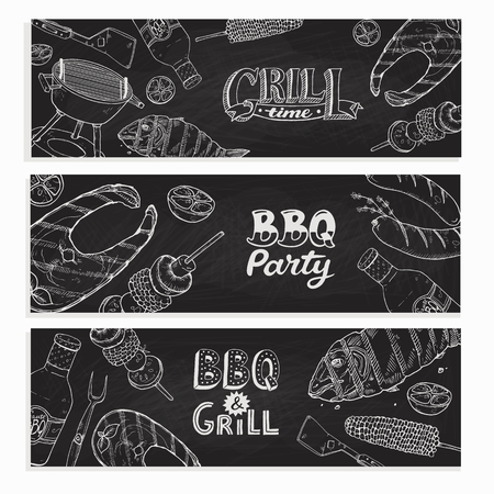 BBQ and grill banners with sketch objects. Hand drawn barbecue elements around decorative text. BBQ party. Grill time,のイラスト素材
