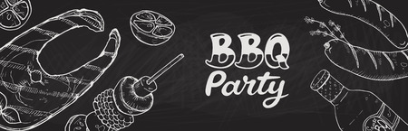 BBQ and grill banner with sketch objects. Hand drawn barbecue elements around decorative text. BBQ party.のイラスト素材