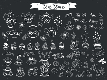 Doodle tea time elements collection. Vector set of tea icons. Teapots, cups, cupcakes and sweets.のイラスト素材