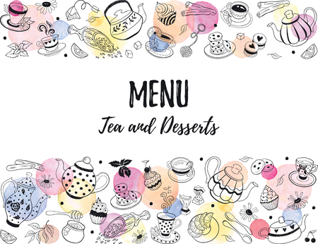Horizontal border from tea time doodle elements. Hand drawn tea vector frame. Teapots, cups, cupcakes and sweets with watercolor circles on white background. Menu design template.のイラスト素材