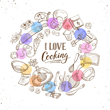 I love cooking poster.  Baking tools in circle shape. Poster with  hand drawn kitchen utensils with watercolor spots on white background.のイラスト素材