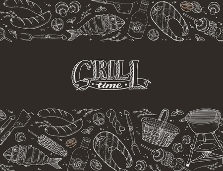 BBQ and grill banner with sketch objects on blackboard. Hand drawn barbecue elements in horizontal frame composition. Grill time.のイラスト素材