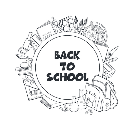 Hand drawn school objects in circle frame. Vector illustration of education design elements  isolated on white background. Back to school.のイラスト素材