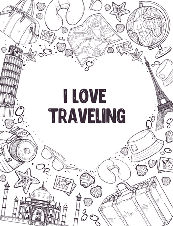 I love travelig poster. Sketch style touristic symbols in heart shape frame. Travel banner concept.のイラスト素材
