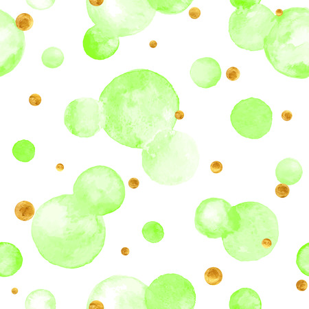 Watercolor vector texture. Aquarelle circles in pastel colors. Seamless pattern. Watercolor green and golden spots isolated on white background.のイラスト素材