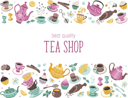 Tea time poster concept. Tea party card design. Hand drawn doodle illustration with teapots, cups and sweets in horisontal stripes composition.のイラスト素材