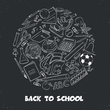 Hand drawn school objects in round composition. Vector illustration of education design elements hand drawn on blackboard. Back to school.のイラスト素材