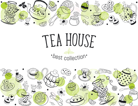 Horizontal border from tea time doodle elements. Teapots, cups, cupcakes and sweets with watercolor circles on white background. Tea house design template.のイラスト素材