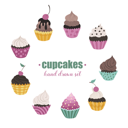 Doodle cupcakes collection. Hand drawn food icons isolated on white background. Sweets doodle set. Handdrawn elements for cafe and restaurant menu design.のイラスト素材