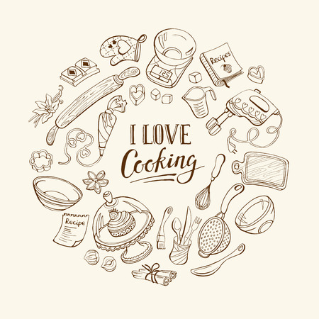I love cooking poster.  Baking tools in circle shape. Poster with  hand drawn kitchen utensils.のイラスト素材