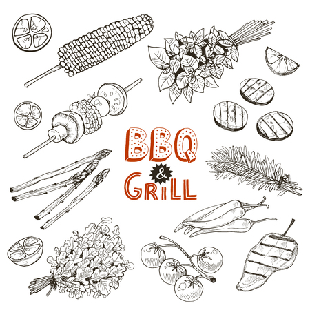 Grill time. Hand drawn bbq vegetables sketches isolated on white background.  Grilled corn, pepper and eggplant slices. Bunch of parsley, rosmary and basil bundles.のイラスト素材