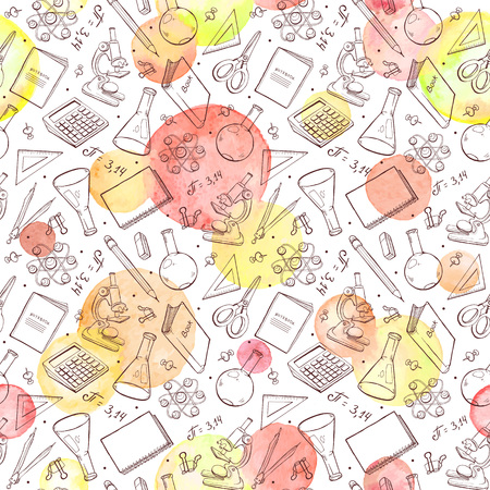 School doodle background with watercolor circles. Vector seamless pattern from school elements hand drawn on blackboard. Back to school backdrop in sketch style.のイラスト素材