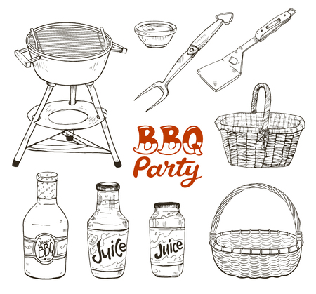 BBQ party. Hand drawn outdoor grill isolated on white background. Barbeque basket sketch. Grill time accessories and unencils.のイラスト素材