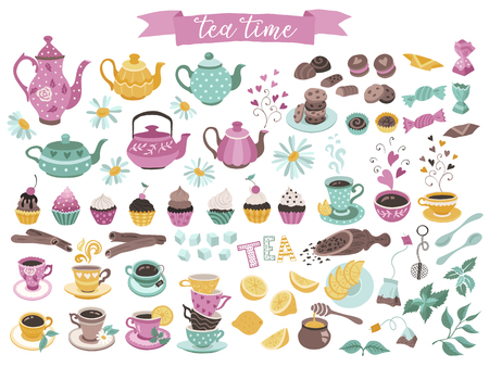 Tea time elements collection. Hand drawn tea vector icons. Teapots, cups, cupcakes and sweets isolated on white background. Design elements.のイラスト素材
