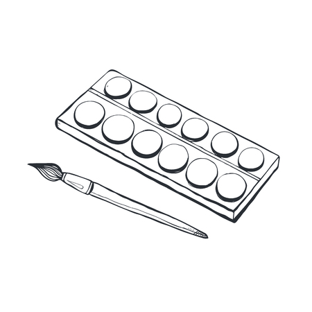 Hand drawn paints palette and brush sketch isolated on white background. Vector illustration.のイラスト素材