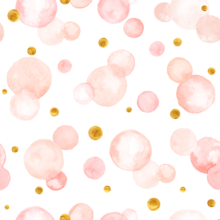 Watercolor texture. Aquarelle circles in pastel colors. Seamless pattern. Watercolor pink, and golden spots isolated on white background.のイラスト素材