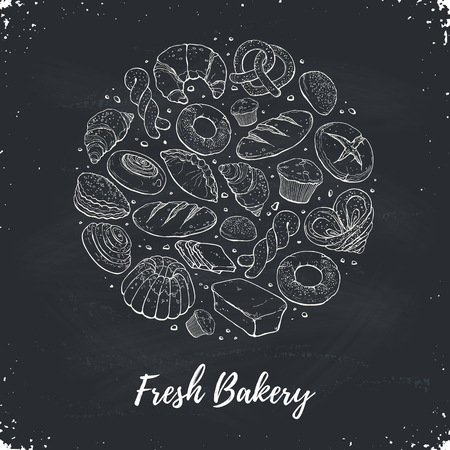 Circle shape composition from hand drawn bread in sketch style. Vector illustration for bakery shops on blackboard. Fresh bread poster concept.のイラスト素材