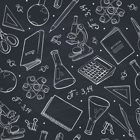 School doodle background. Vector seamless pattern from school elements hand drawn on blackboard. Back to school backdrop in sketch style.のイラスト素材