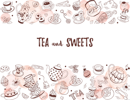 Horizontal border from tea time doodle elements. Hand drawn tea vector frame. Teapots, cups, cupcakes and sweets with watercolor circles on white background. Menu design template.のイラスト素材