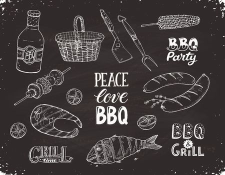 Hand drawn barbecue objects on black background. BBQ party sketches. Grill time. Peace, love, BBQ. Roasted salmon, sausages and corn with sause and picnic basket.のイラスト素材