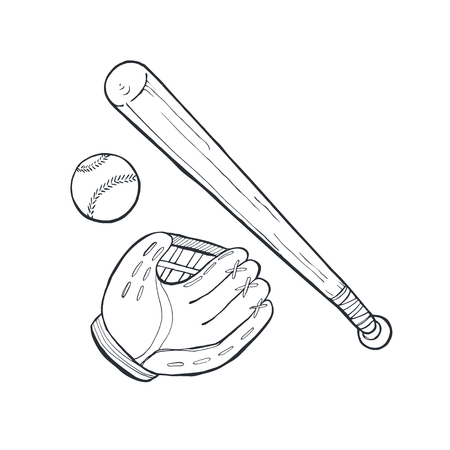 Hand drawn baseball accessories isolated on white background. Baseball glove, bat and ball sketch vector illustration.のイラスト素材