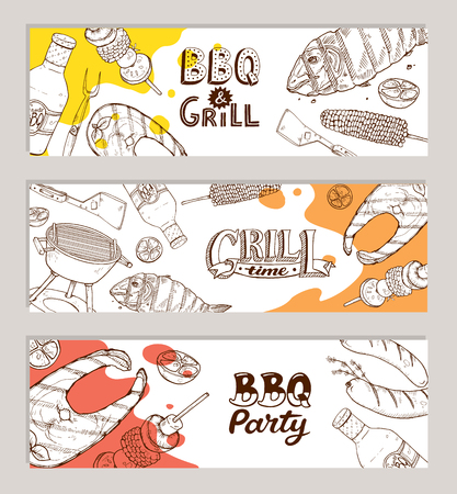BBQ and grill banners with sketch objects. Hand drawn barbecue elements around decorative text. BBQ party. Grill time horisontal composition.のイラスト素材