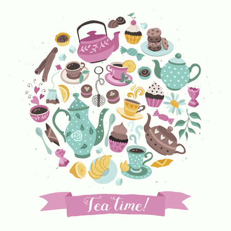 Tea time poster concept. Tea party card design. Hand drawn doodle illustration with teapots, cups and sweets in circle shape composition.のイラスト素材