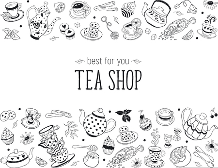 Tea time doodle elements in horizontal border. Teapots, cups, cupcakes and sweets isolated on white background. Tea shop design template.のイラスト素材