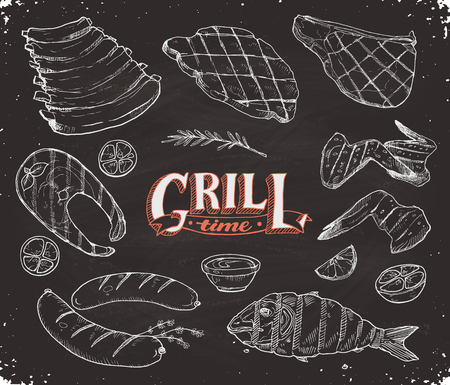 Grill time. Hand drawn bbq meat and fried fish sketches on chalk board. Barbeque pork ribs, beafsteak, chicken wings. Grilled dorado and salmon. Roasted sausages.のイラスト素材