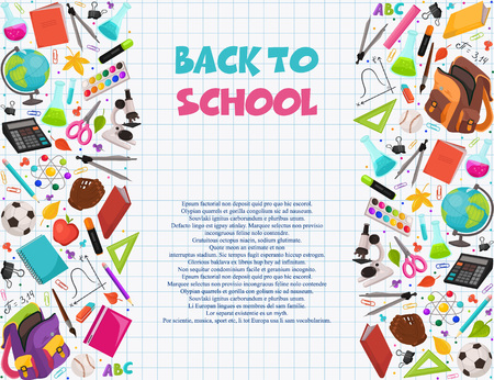 Hand drawn school objects in vertical composition. Vector illustration of school accessories ihand drawn on notepad sheet. Back to school poster on notepad squared sheet.のイラスト素材