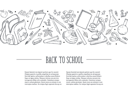 Hand drawn school objects in horisontal composition with text. Vector illustration of school accessories isolated on white background. Back to school.のイラスト素材