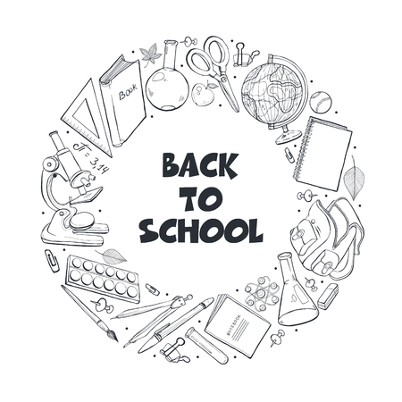 Hand drawn school objects in circle frame. Vector illustration of education design elements  isolated on white background. Back to school.のイラスト素材