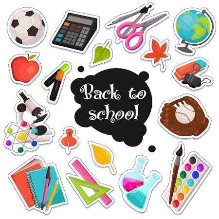 School stickers collection. Vector illustration of education objects stamps isolated on white background. Back to schoolのイラスト素材