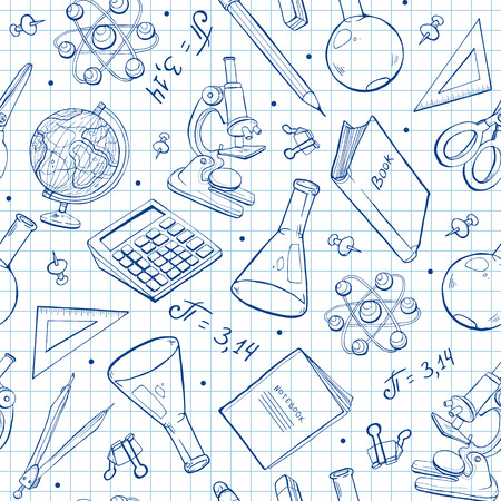 School doodle background. Vector seamless pattern from school elements hand drawn on notebook sheet. Back to school backdrop in sketch style.のイラスト素材