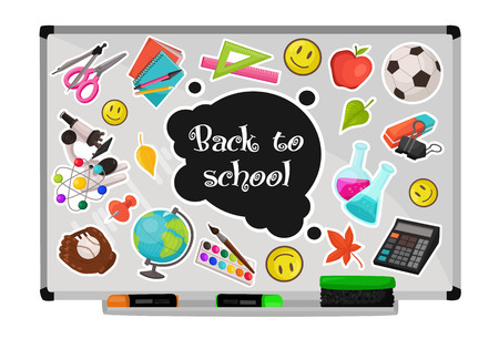 Colorful school stickers collection. Vector illustration of education objects stamps on white board. Back to school composition.のイラスト素材