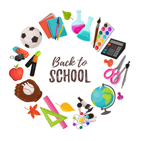 Hand drawn school objects in circle composition around text. Vector illustration of education design elements  isolated on white background. Back to school.のイラスト素材