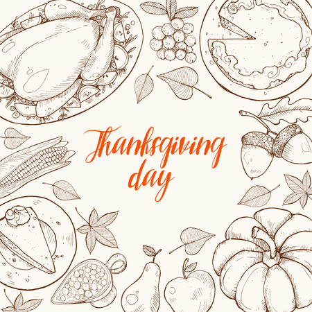 Happy thanksgiving day greeting card template. Thanksgiving poster with roasted turkey, pumpkin pie and aconrs sketches. Horizontal composition with text.のイラスト素材