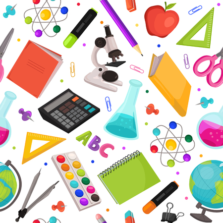 School doodle background. Vector seamless pattern from school elements hand drawn on white background. Back to school backdrop in sketch style.のイラスト素材