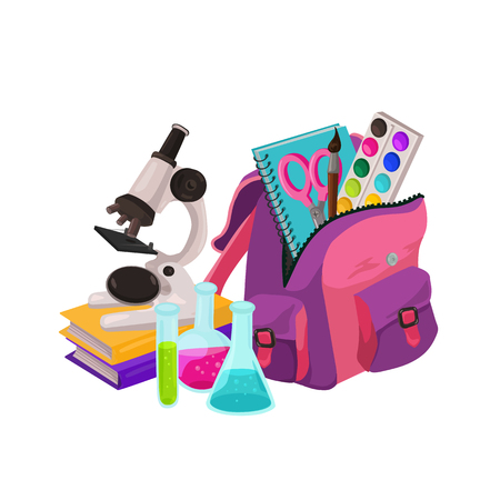 Back to school. Collection of colorful school backpacks compositions. Schoolbags full of study supplies isolated on white background. Vector illustration.のイラスト素材