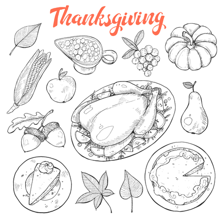 Hand drawn thanksgiving traditional objects isolated on white background. Vector illustration of thanksgiving attributes. Pumpkin pie, roasted turkey, acorns and cranberry sauce sketches.のイラスト素材