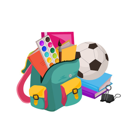Back to school. Collection of colorful school backpacks compositions. Schoolbags full of study supplies isolated on white background. Vector illustration.のイラスト素材