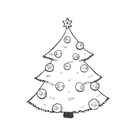 Christmas tree illustration isolated on white background. Hand drawn Christmas symbol. Doodle style.のイラスト素材