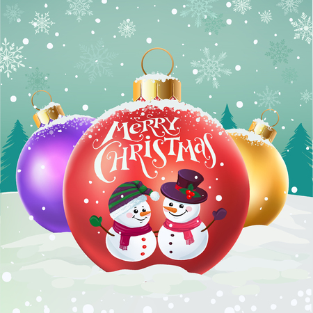 Three Christmas balls with funny snowmen  on snowy background with holiday lettering.のイラスト素材