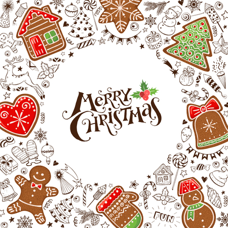 Hand drawn Merry Christmas gingerbread in circle composition around text. illustration of New year  doodles  isolated on white background. Happy holidays.のイラスト素材