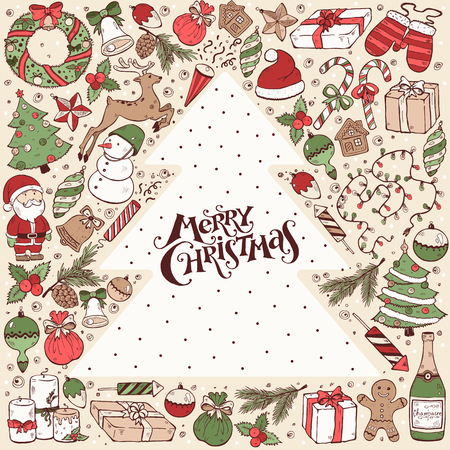 Hand drawn Merry Christmas doodle composition around text.illustration of New year symbols  isolated on white background. Happy holidays.のイラスト素材