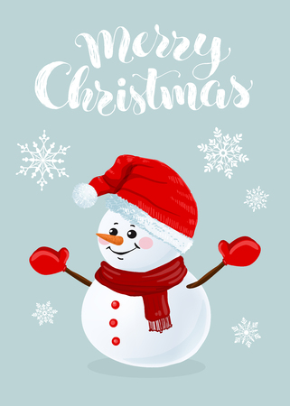 Funny snowman in hat, scarf and mittens on snowy background.のイラスト素材