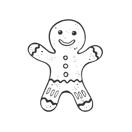 Christmas gingerbread man illustration isolated on white background. Hand drawn Christmas symbol. Doodle style.のイラスト素材