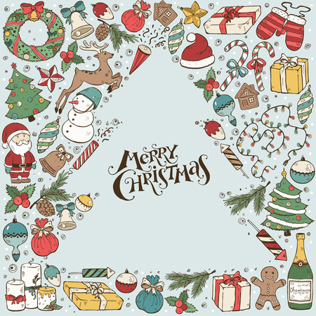 Hand drawn Merry Christmas doodle composition around text.  illustration of New year symbols  isolated on white background. Happy holidays.のイラスト素材