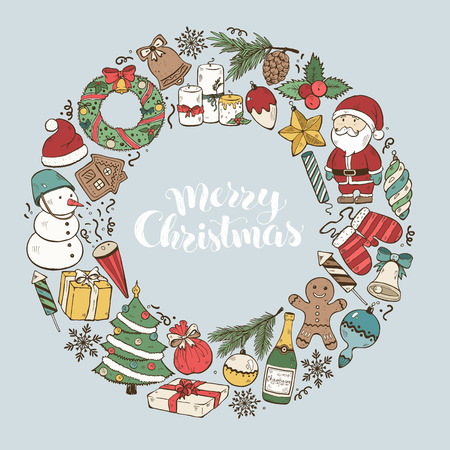 Hand drawn Merry Christmas doodle objects in circle composition around text. illustration of New year symbols  on blue background. Happy holidays.のイラスト素材