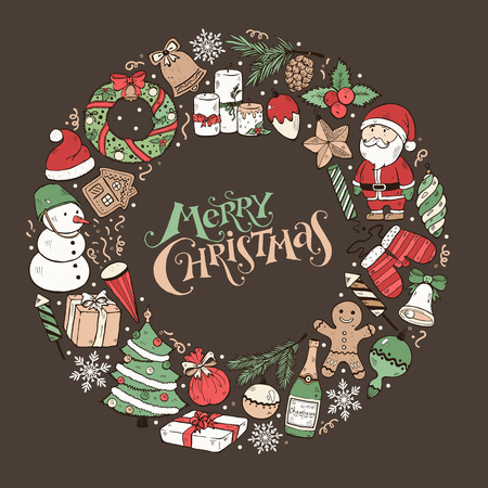 Hand drawn Merry Christmas doodle objects in circle composition around text.illustration of New year symbols  on dark background. Happy holidays.のイラスト素材